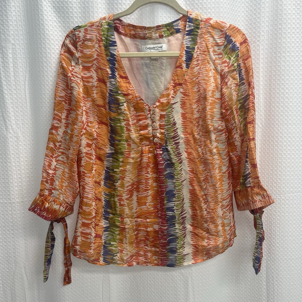 Coldwater Creek 100% Silk Orange‎ Abstract Watercolor Boho Blouse Small